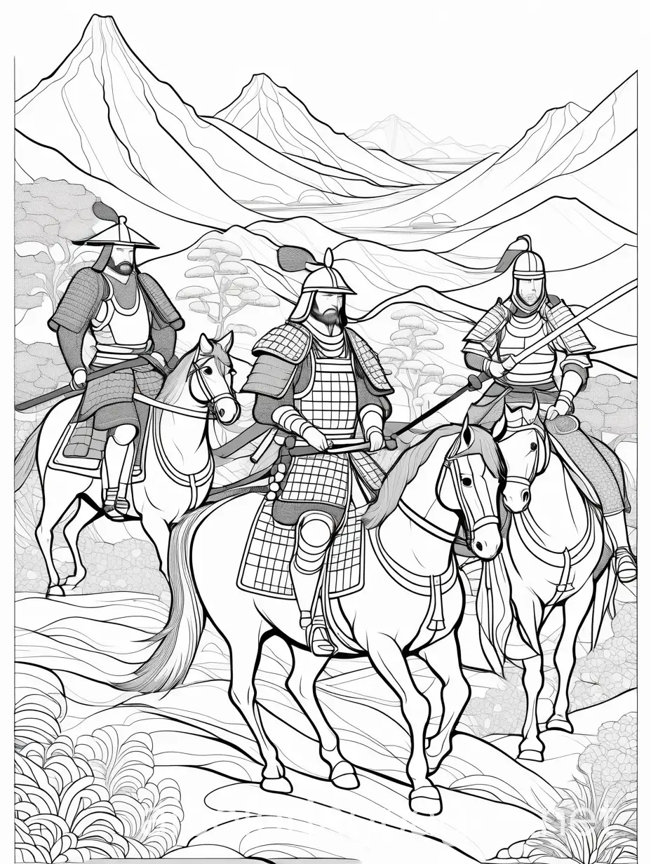 Samurai-and-Knights-Coloring-Page-Black-and-White-Line-Art