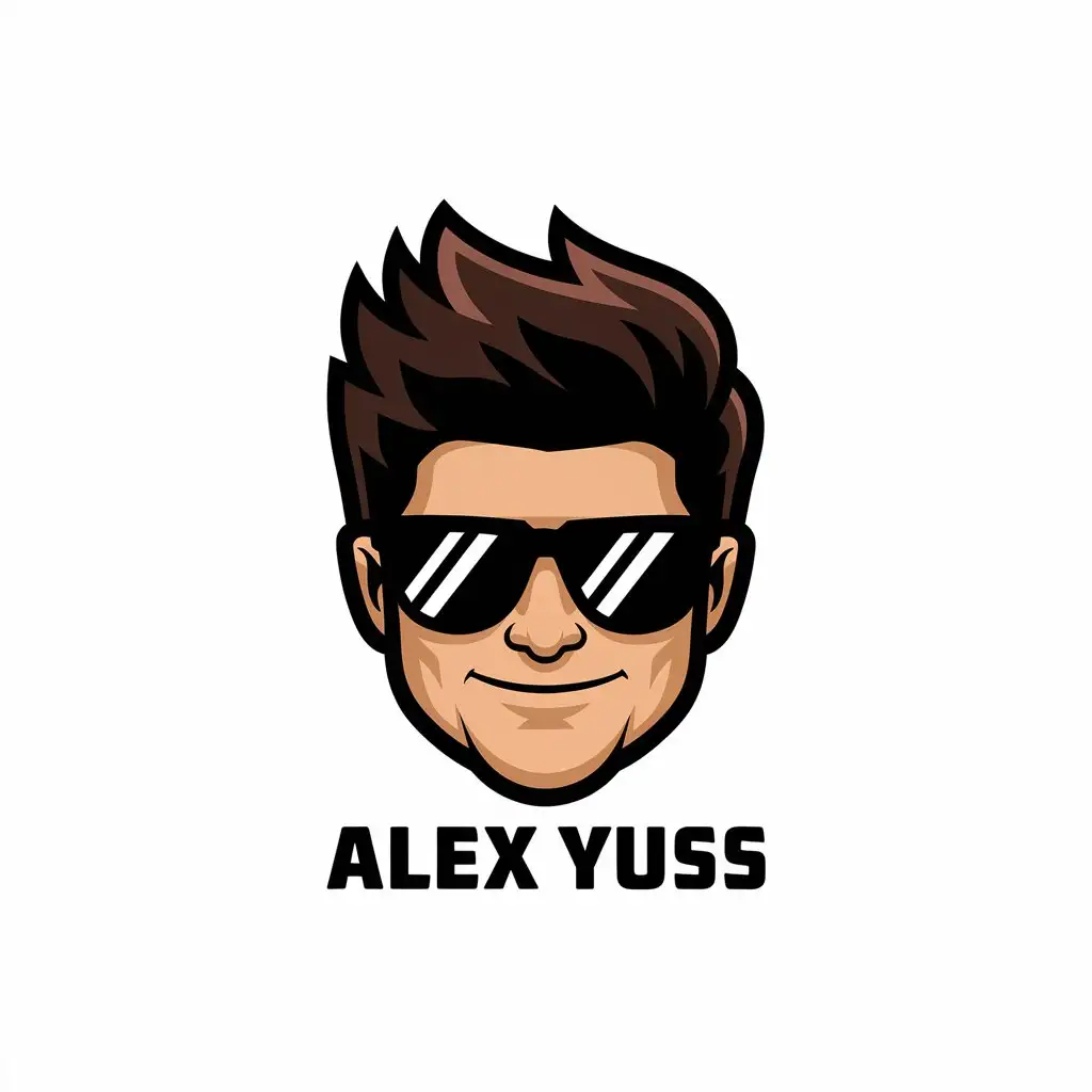 a vector logo design,with the text "ALEX YUSS", main symbol:A buff guy's head, dark brown hair, wearing black sunglasses, with a satisfied smirk,complex,be used in Sports Fitness industry,clear background