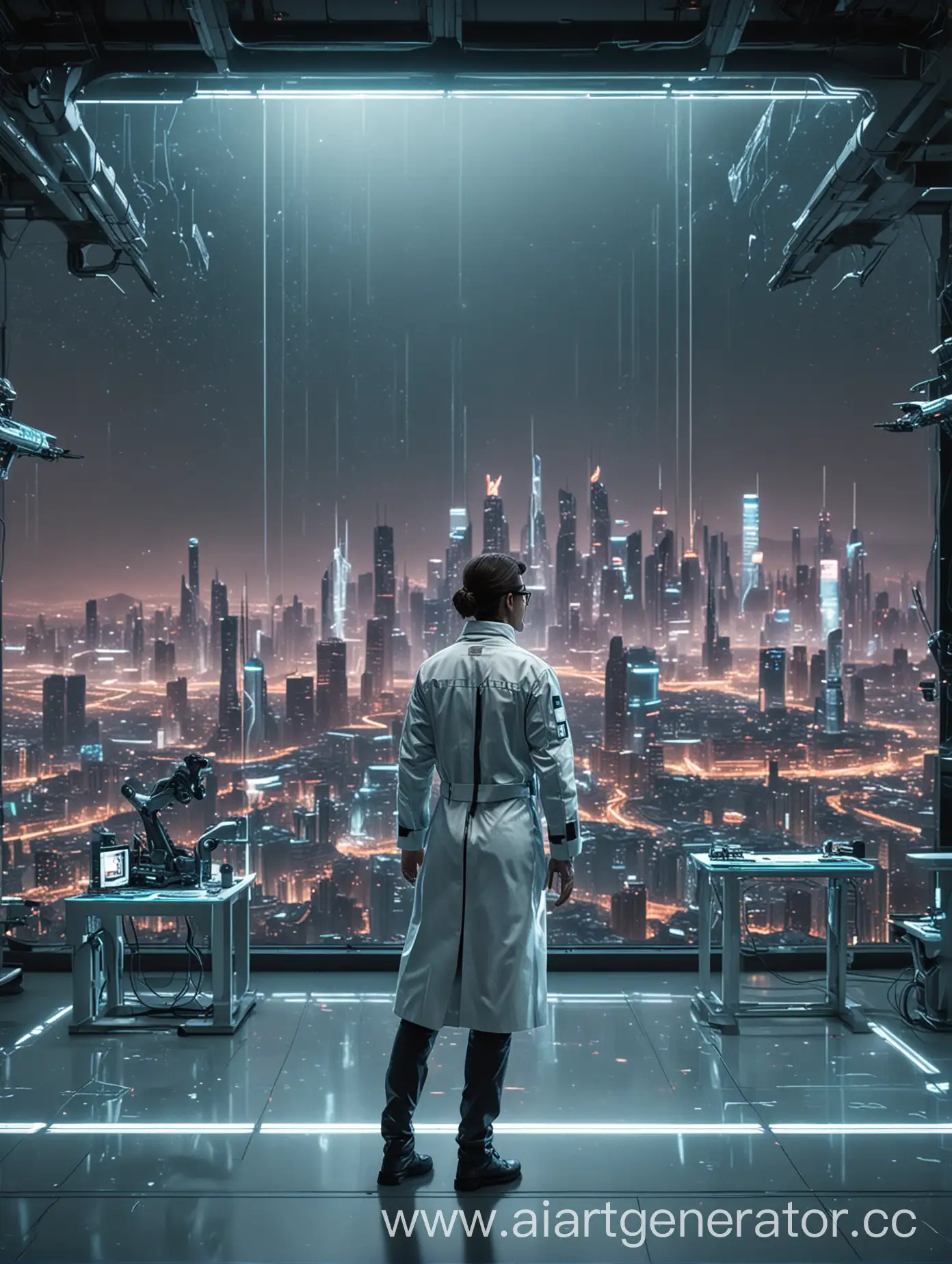 "A futuristic laboratory filled with advanced technology, glowing holographic screens, and sleek robotic arms. The environment is clean and minimalist, with metallic surfaces and neon lights illuminating the space. A scientist, dressed in a modern, high-tech lab coat, stands at the center, gazing into the distance as if contemplating the future. The background shows a vast window overlooking a futuristic cityscape with flying vehicles and towering skyscrapers."