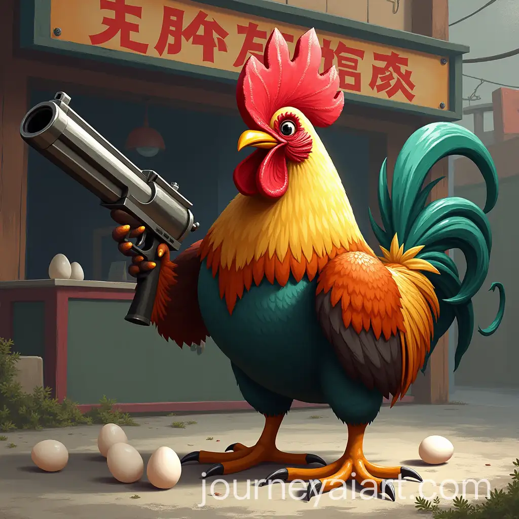 Rooster-Holding-a-Gun-and-Laying-Eggs-in-Front-of-Arogya-Shop