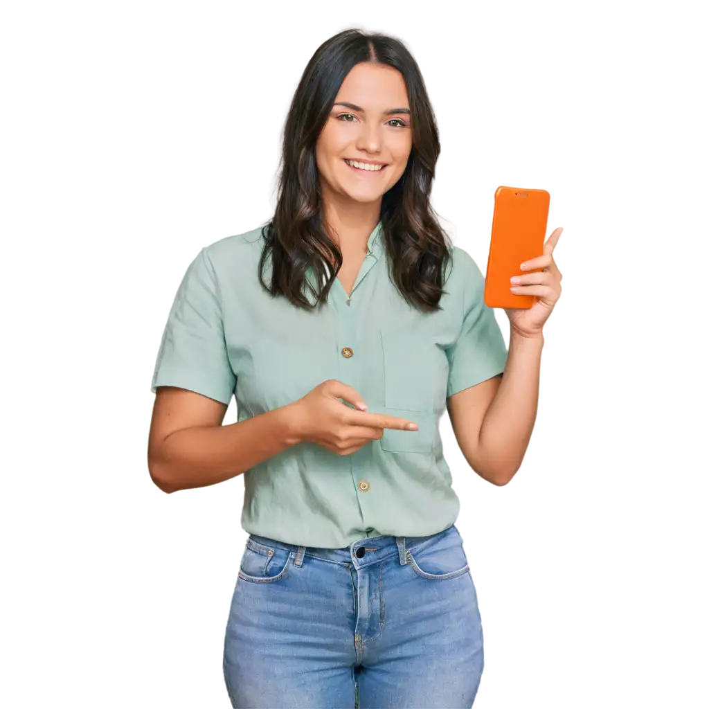 Smiling-Young-Woman-with-Orange-Smartphone-PNG-Image-Warmth-and-Enthusiasm-Captured