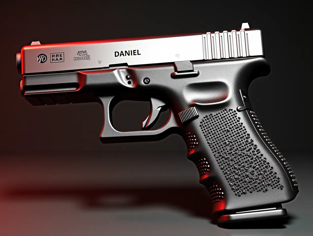 Create for me a Glock pistol chrome and red with name Daniel