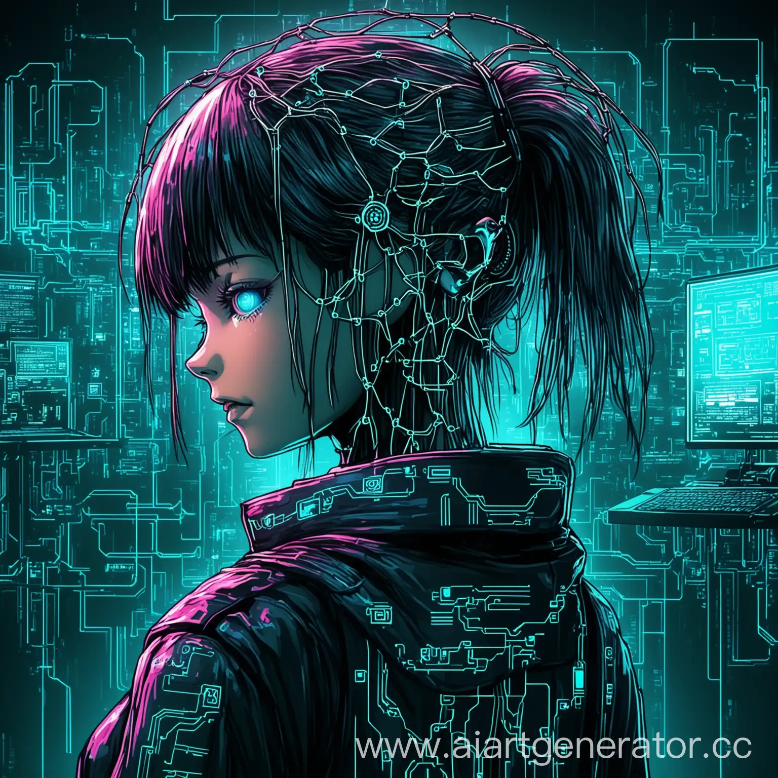 Cyberpunk-Girl-Interacting-with-Neuro-Network-in-Futuristic-Setting