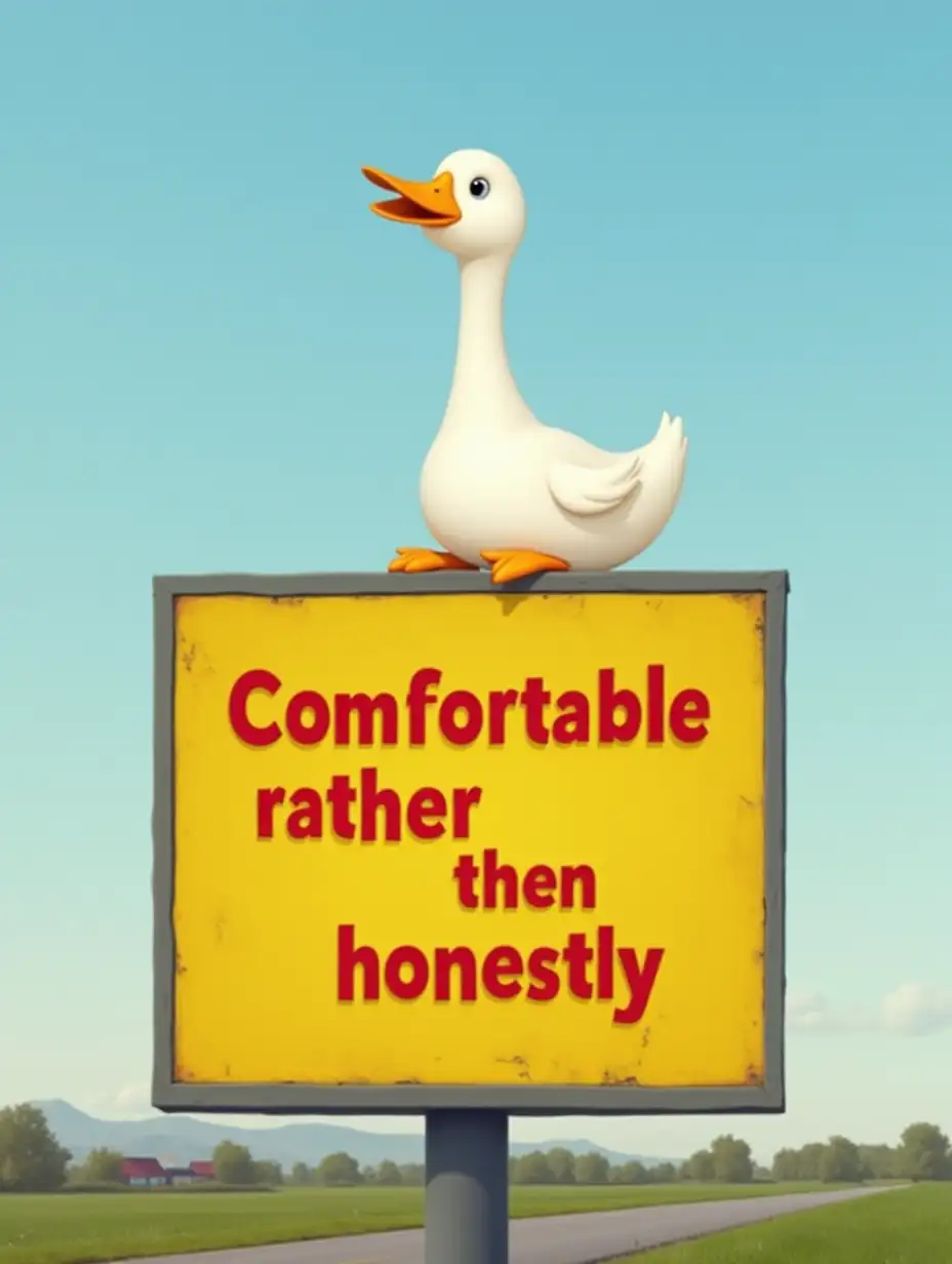 A white duck sitting over the yellow billboard with the Big red letters 'Comfortable rather then honestly'