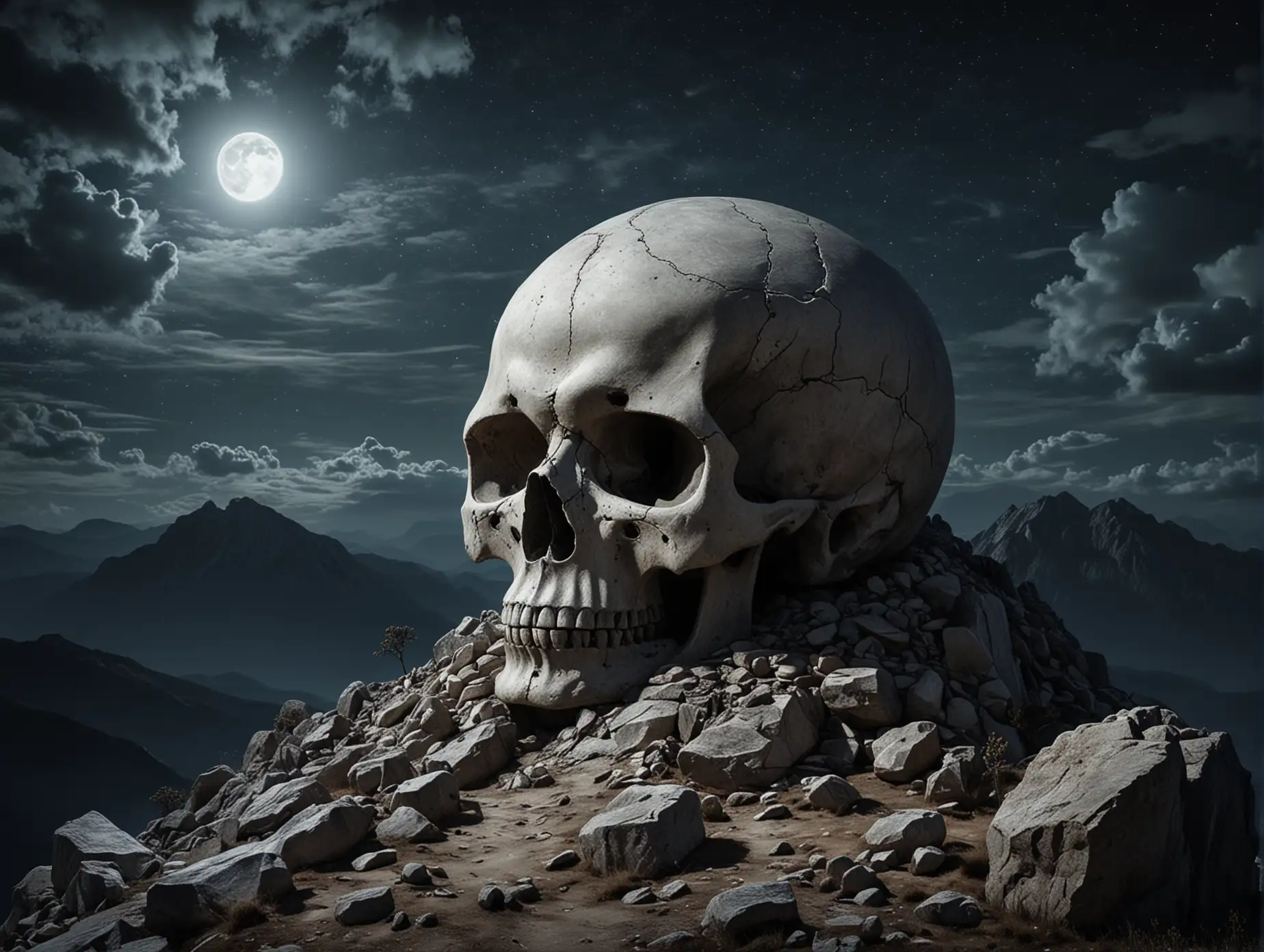 Giant-Stone-Skull-on-Mountain-Peak-Under-a-Moonlit-Sky