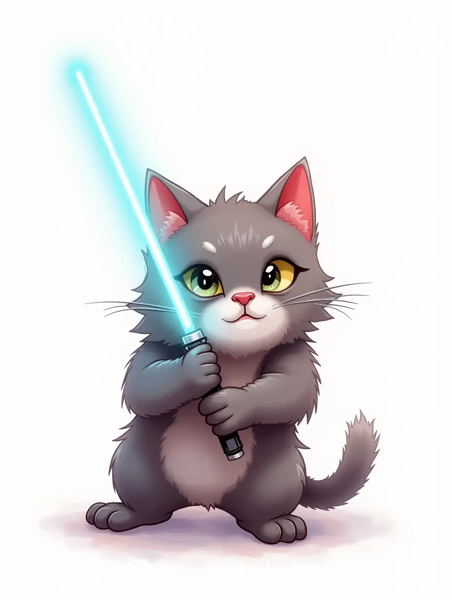 Star wars inspired dark sith cat welding a light saber in a fighting stance. cute, furry, evil.  White background. Pastel watercolour art style