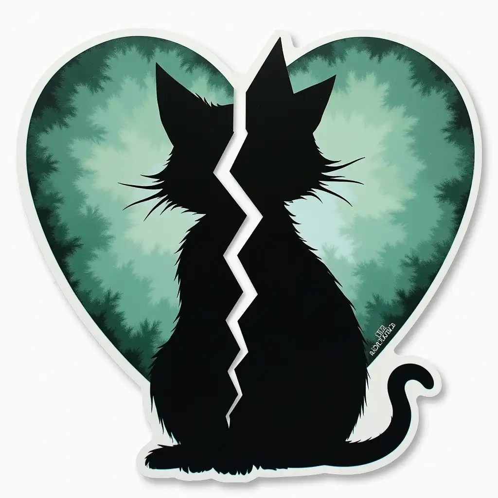 Black broken heart cat sticker, A melancholic feline silhouette with a fractured heart shape, Vincent Van Gogh, acrylic, Dreamy haze, Mint Green, aerial, high detail, --ar 16:9 --v 1