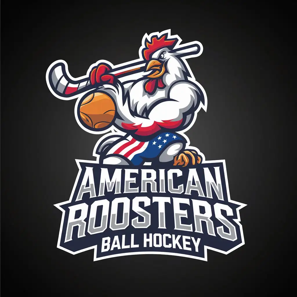 LOGO Design for American Roosters Ball Hockey Bold Muscle Rooster Mascot with USA Flag Shorts and Hockey Stick