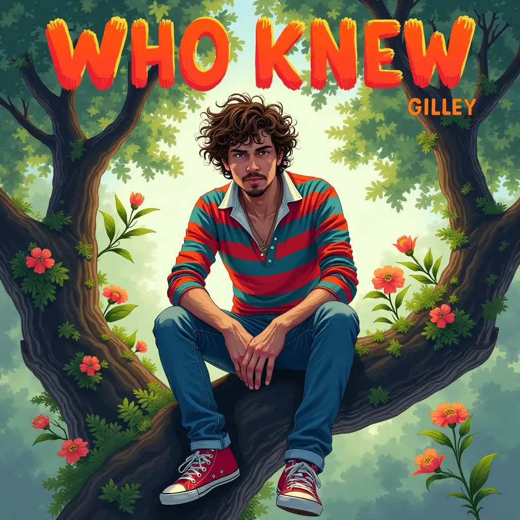 Generate an album cover with the following specifications: Title: 'Who Knew' Artist: 'Gilley' Color scheme: Bright, poppy hues (#ff69b4, #ffc5c5) with deep blues and greys (#212121, #343a40) as accents. Depict Gilley sitting on a tree branch, surrounded by lush green leaves and vibrant flowers, with soft, natural lighting. Gilley should have short, frizzy hair and wear a bold, striped rugby shirt in bright colors, conveying confidence and unique style. Use a bold, playful typeface (such as Comic Sans) for the text, with 'Who Knew' at the top and 'Gilley' at the bottom, both in bright, poppy hue (#ff69b4). Incorporate natural textures and convey a carefree atmosphere, capturing the essence of joy and spontaneity. Output: High-resolution album cover image.