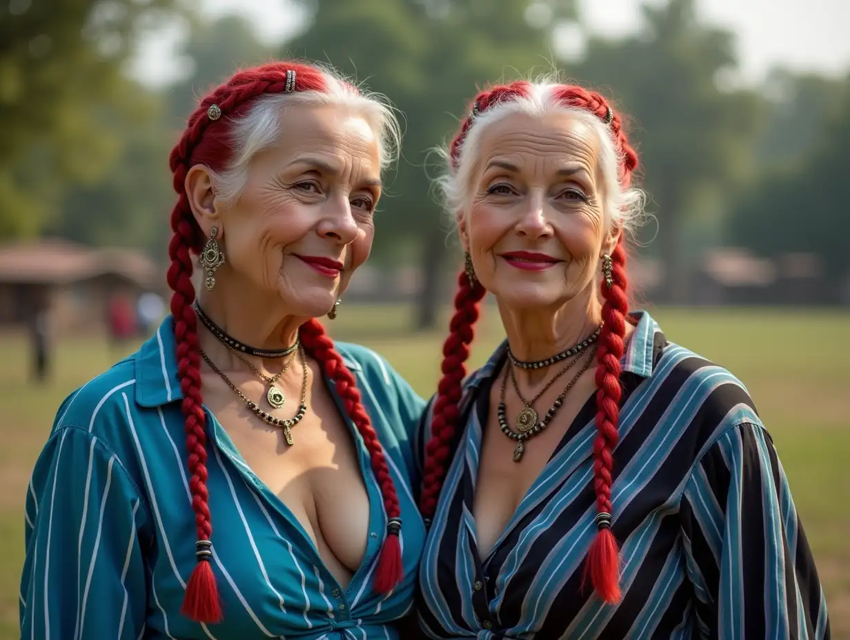 Two white, plump Pin-up girls 70 years old red braids wear a blue and black striped deep cut blouse, with a light smile on their faces, Tattoos, jewelry on the head, lipstick accentuates their smiles, modern jewelry, black skin, in a park with many houses in India Cyberpunk 8k quality