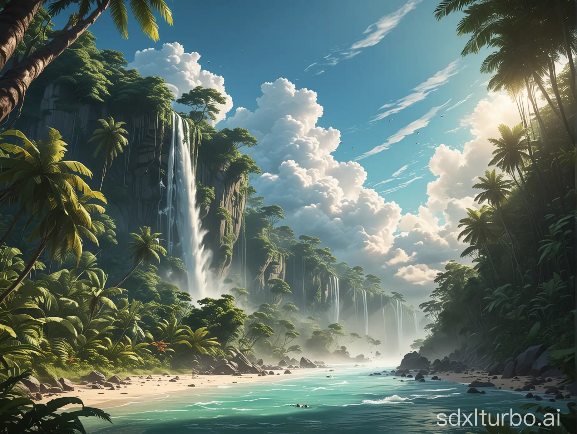 Flat color anime illustration, best cinematic realistic quality, global illumination, narrow partially sunlit jungle, distant beach, vapor trails and clouds in sky, masterpiece, trending, low angle, maximalist details, jungle, water fall