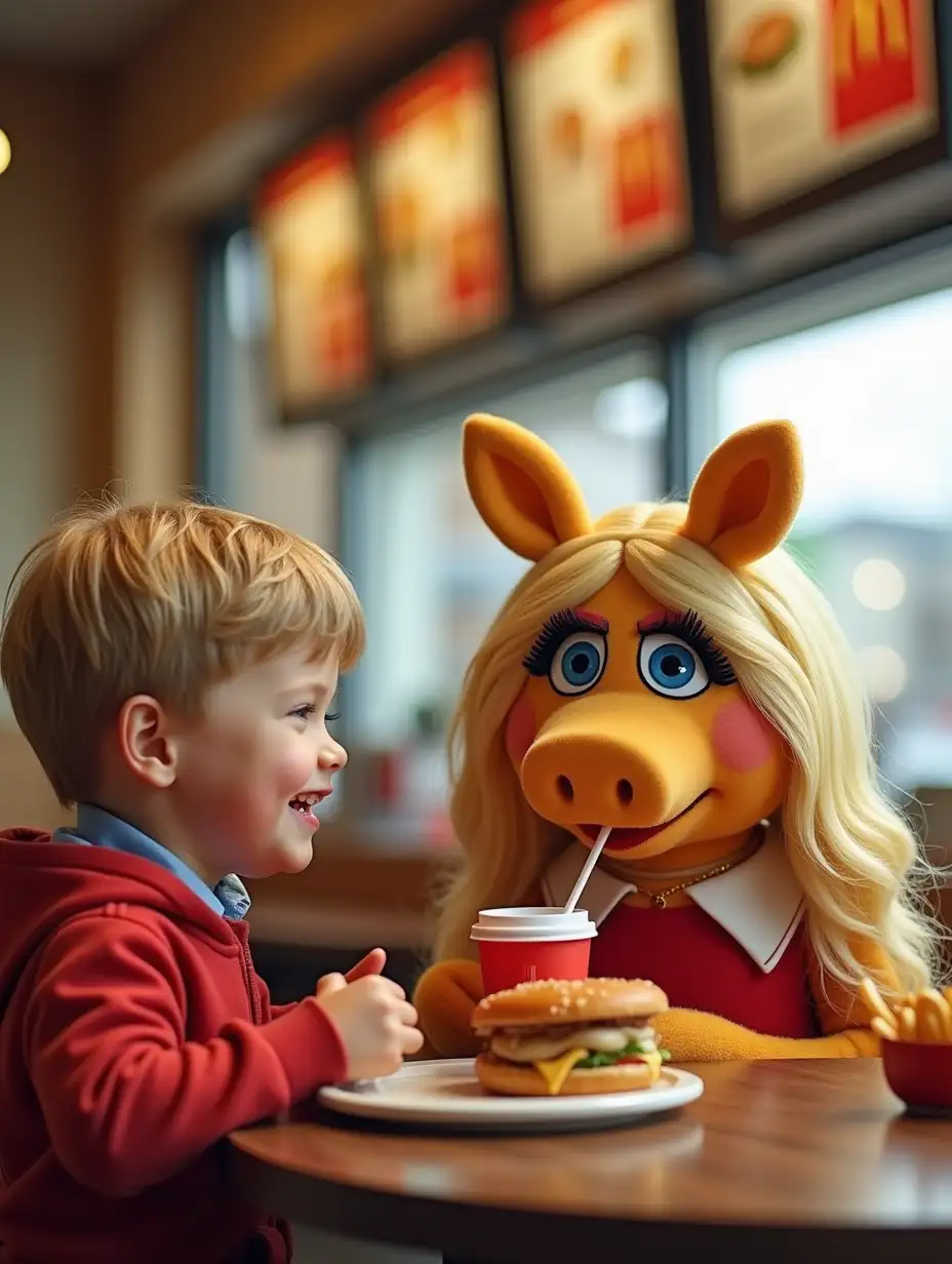 Miss Piggy and a little boy together at mcdonalds. The little boy is having a happy meal and miss piggy is drinking mcdonalds coffee