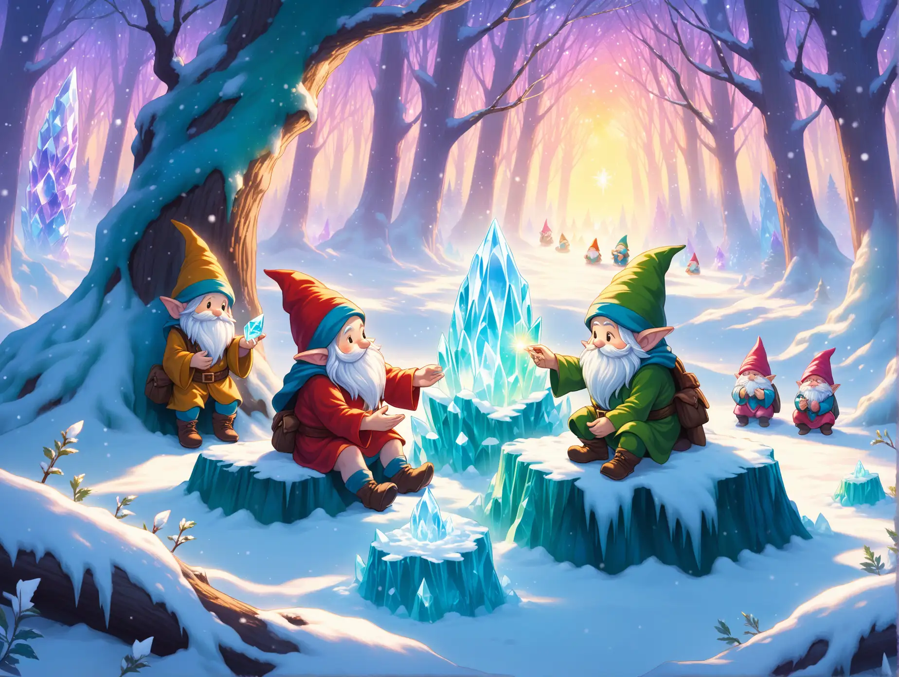 Gnomes-Collecting-Magical-Crystals-in-a-Snowy-Forest-at-Twilight