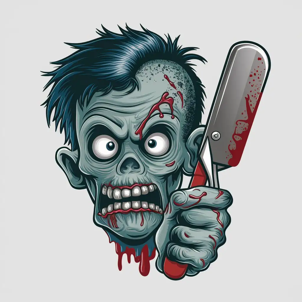 LOGO Design for Zombie Barber Cartoon Zombie with Oversized Bloodied Razor and Crazy Hairstyle