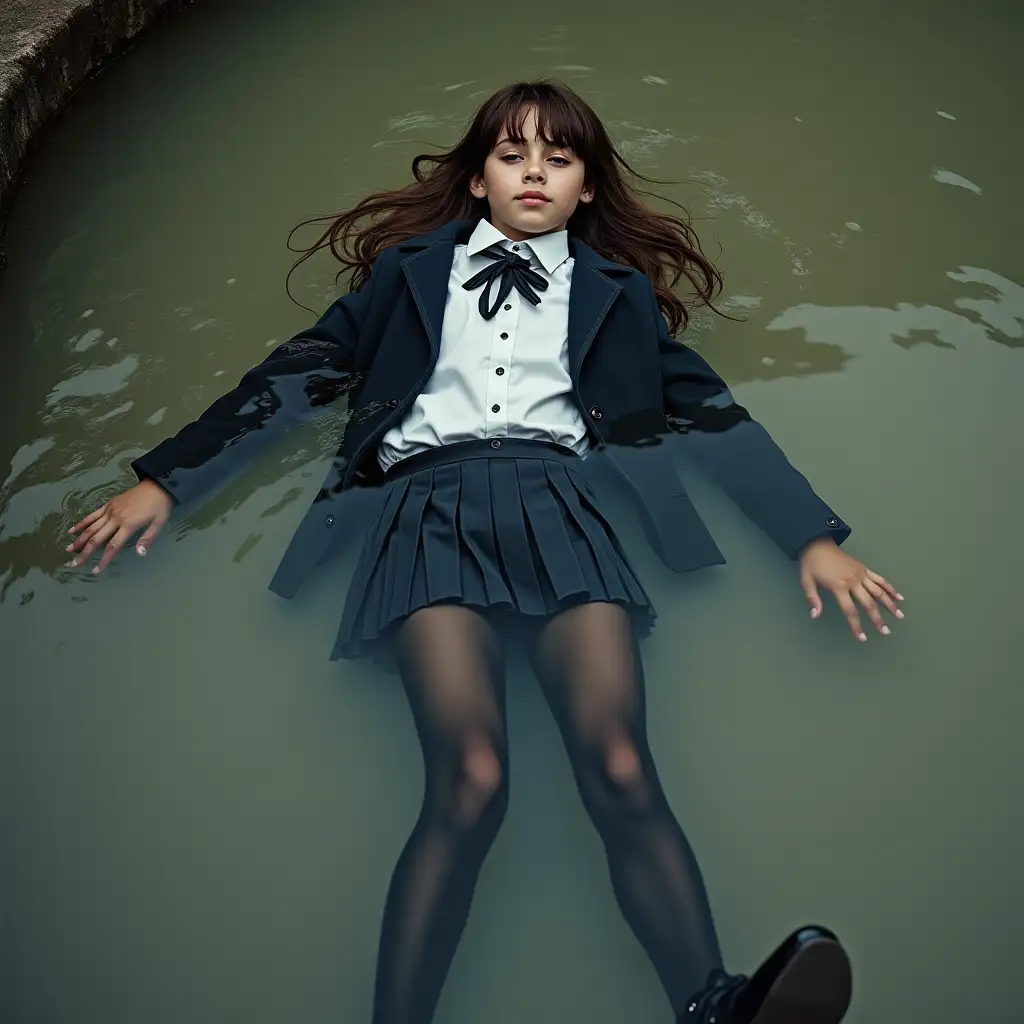 A young schoolgirl in a school uniform, in a skirt, jacket, blouse, dark tights, high-heeled shoes. She is swimming in a dirty pond, lying under water, all her clothes are completely wet, wet clothes stick to her body, the whole body is under water, submerged in water, under the surface of the water, below the water's edge.