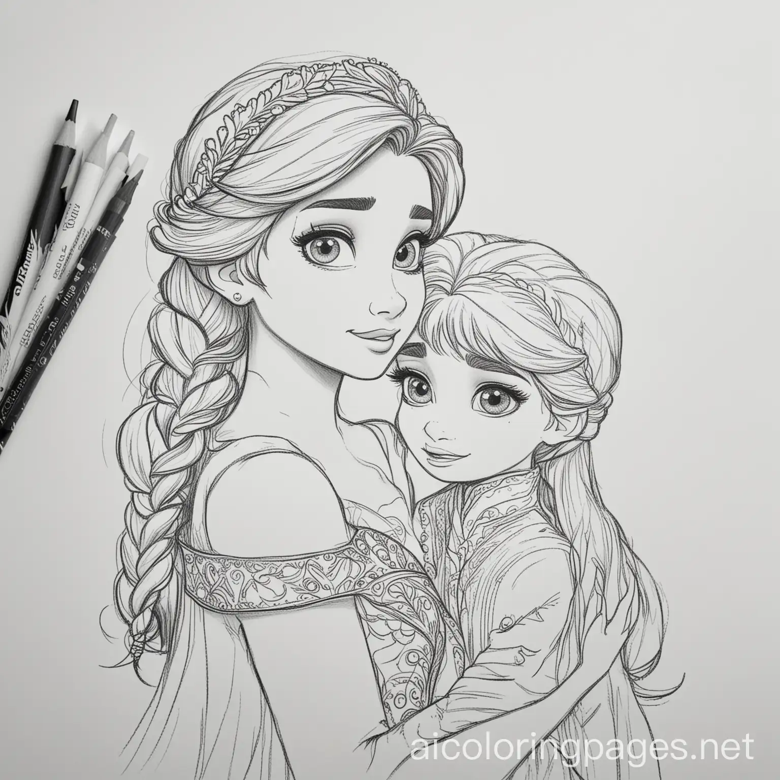 Anna-and-Elsa-Coloring-Page-with-Little-Girl-Black-and-White-Line-Art