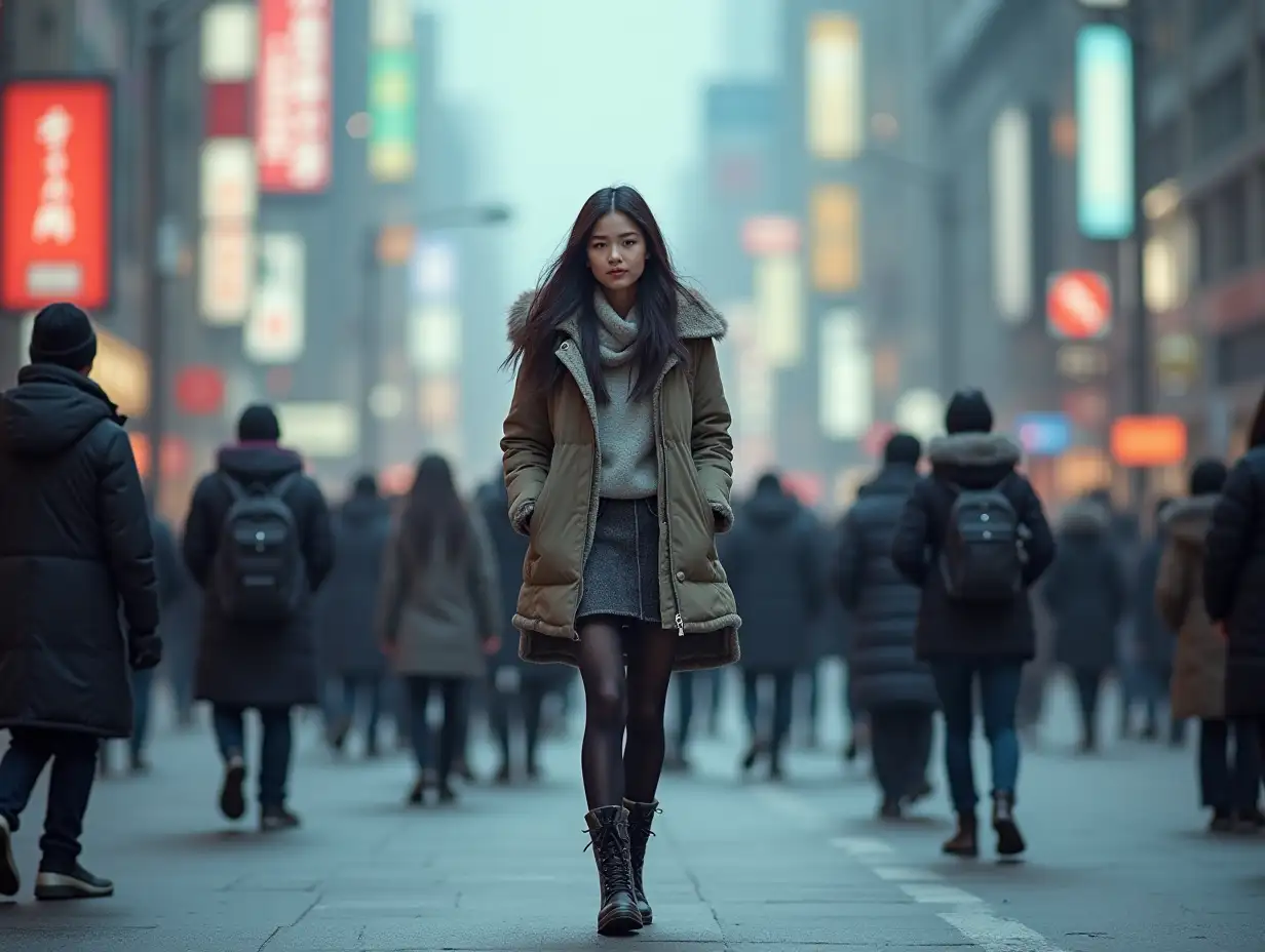 Stylish-Japanese-Girl-Walking-in-Snowy-Tokyo-with-Bustling-Crowd