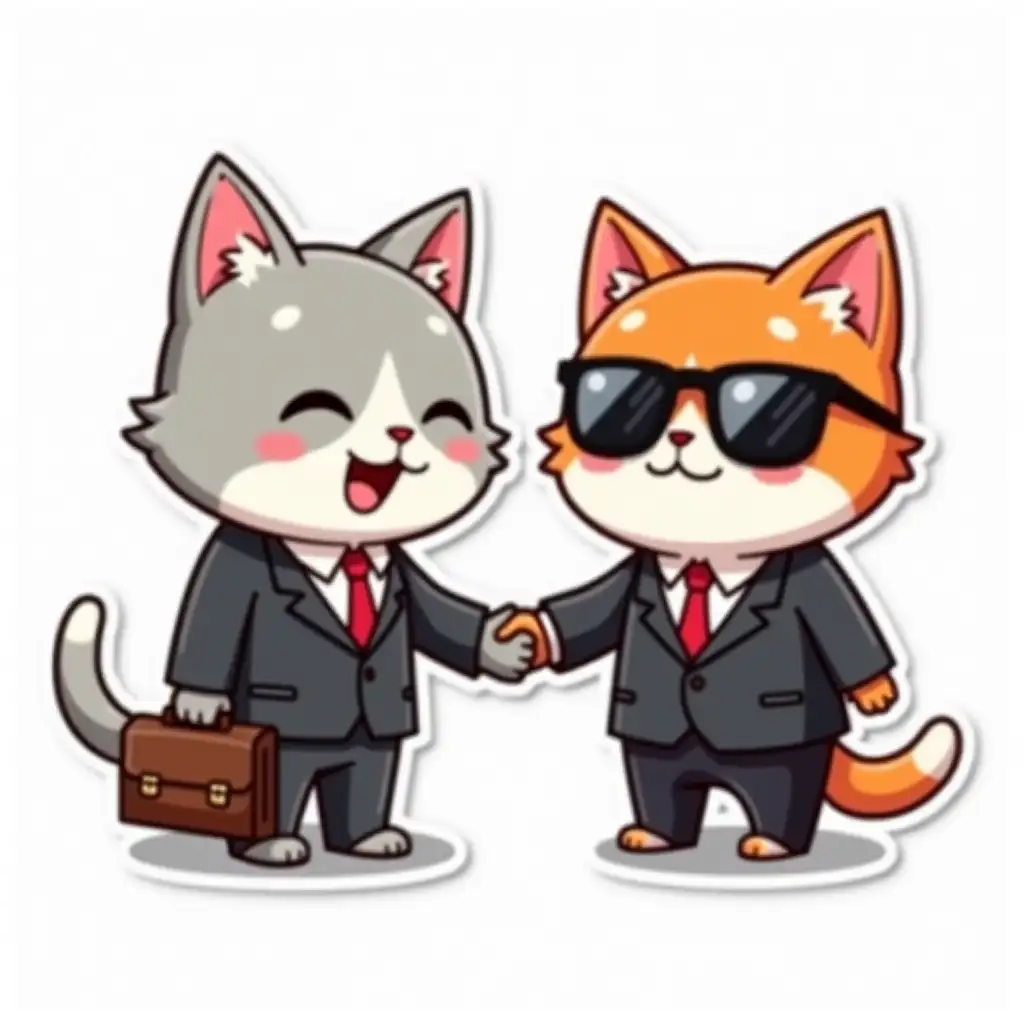 Curvilinearly cut UV laminated sticker depicting kawaii positive little happy light gray cat in a business suit with a briefcase in his hands, he shakes hands with another red-haired cat in sunglasses with glare, a business suit and a briefcase in his hands. die cut sticker design top-view, high resolution, vector art,  white background, paint in anime style