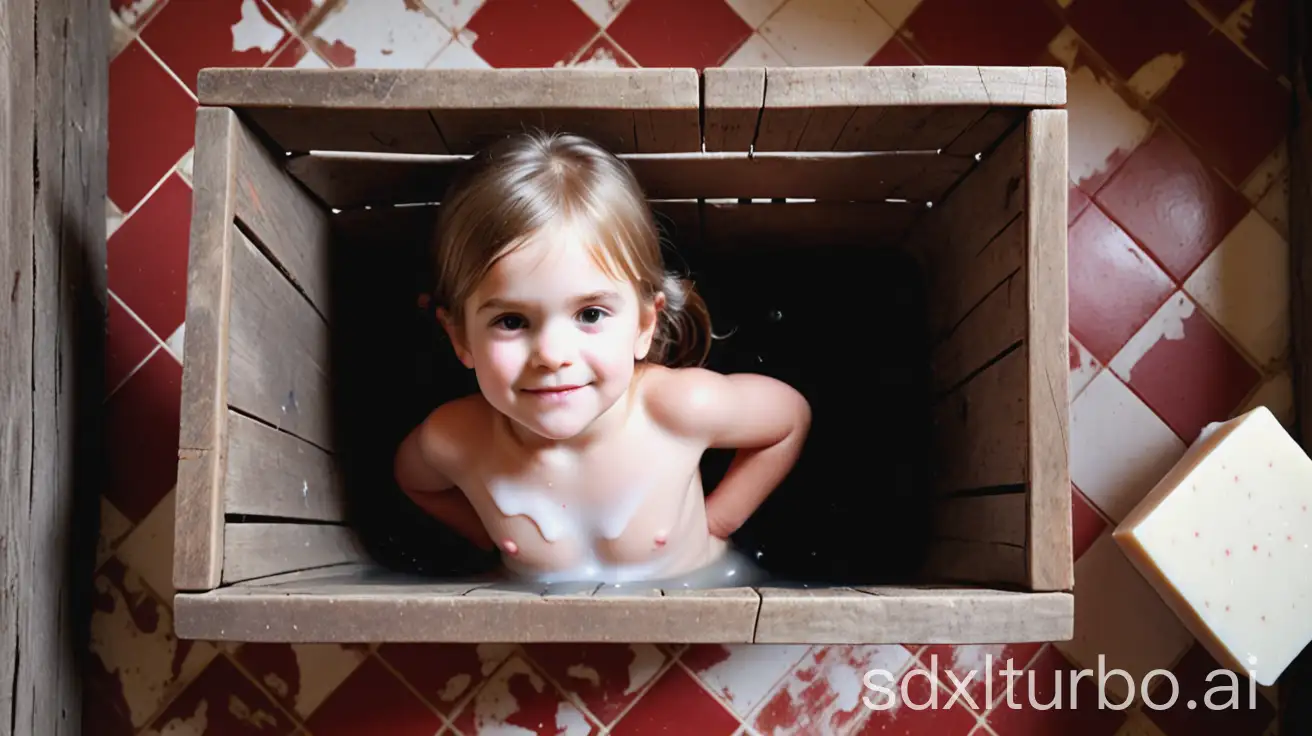 4 preschool little girl wood bath tub in old barn top view white soap bar in hand red tile