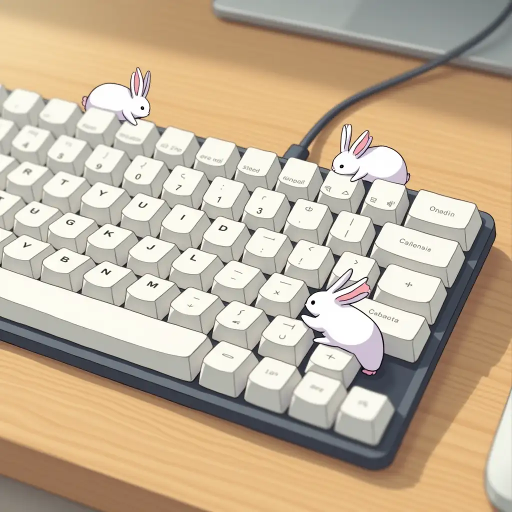 A keyboard, but instead of buttons there are cute white rabbits. The keyboard is laying on the wooden surface. Anime style.