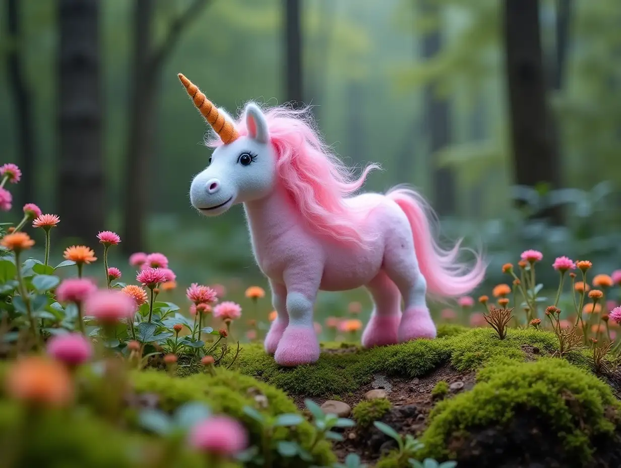 Cotton-Candy-Unicorn-in-Colorful-Forest-with-Moss-and-Vibrant-Plants