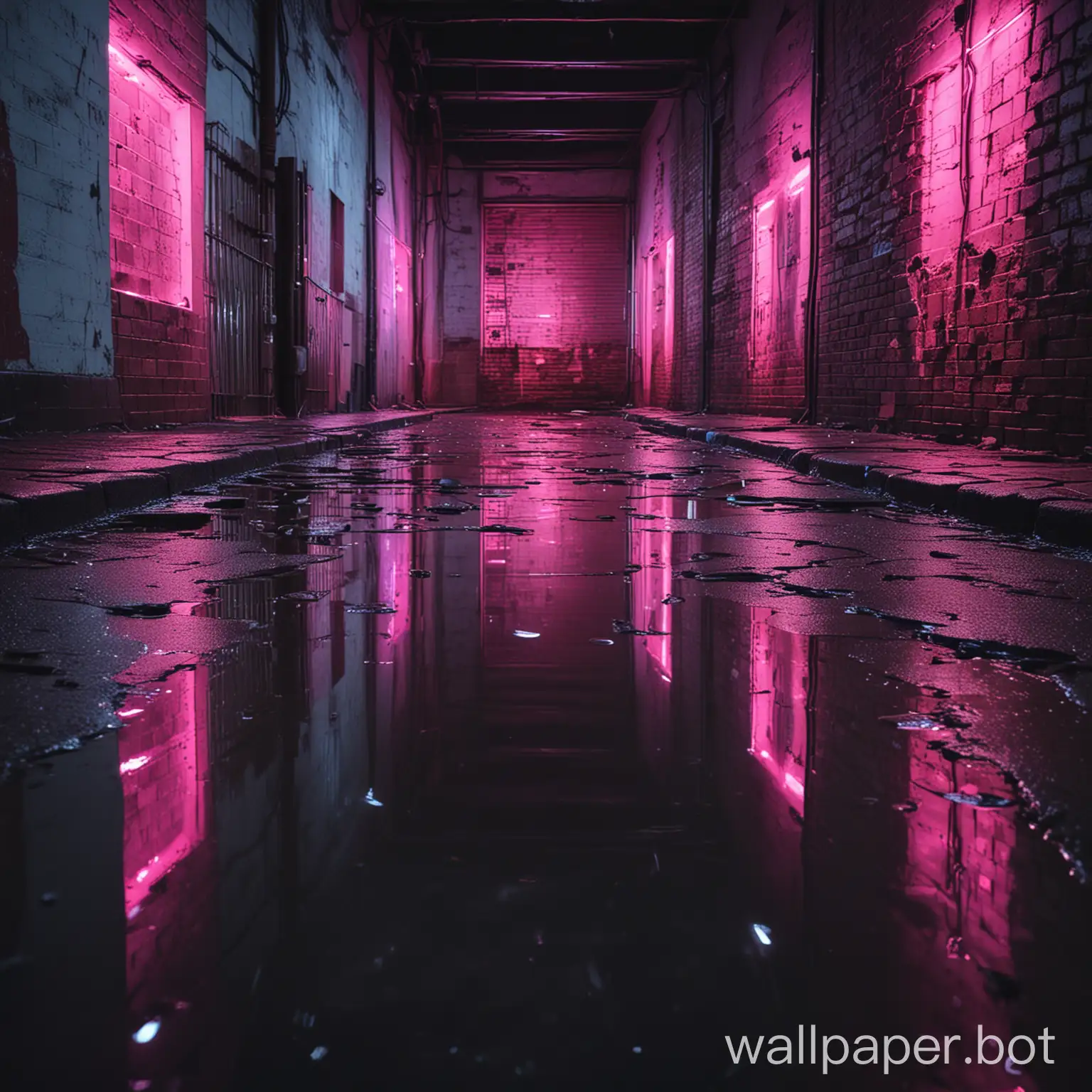 generate me a wallpaper of a building wall facing with neon lights reflecting in a puddle on the floor