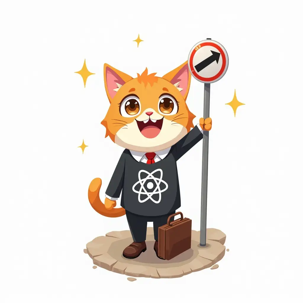 funny 2D cat in the image of a office worker  with an atom symbol on t-shit, in a business suit and a briefcase in his hands, he stands near a pole with a forward sign, paint in anime style, manga 2D characters, die cut sticker design top-view, high resolution, vector art, white background, paint in anime style