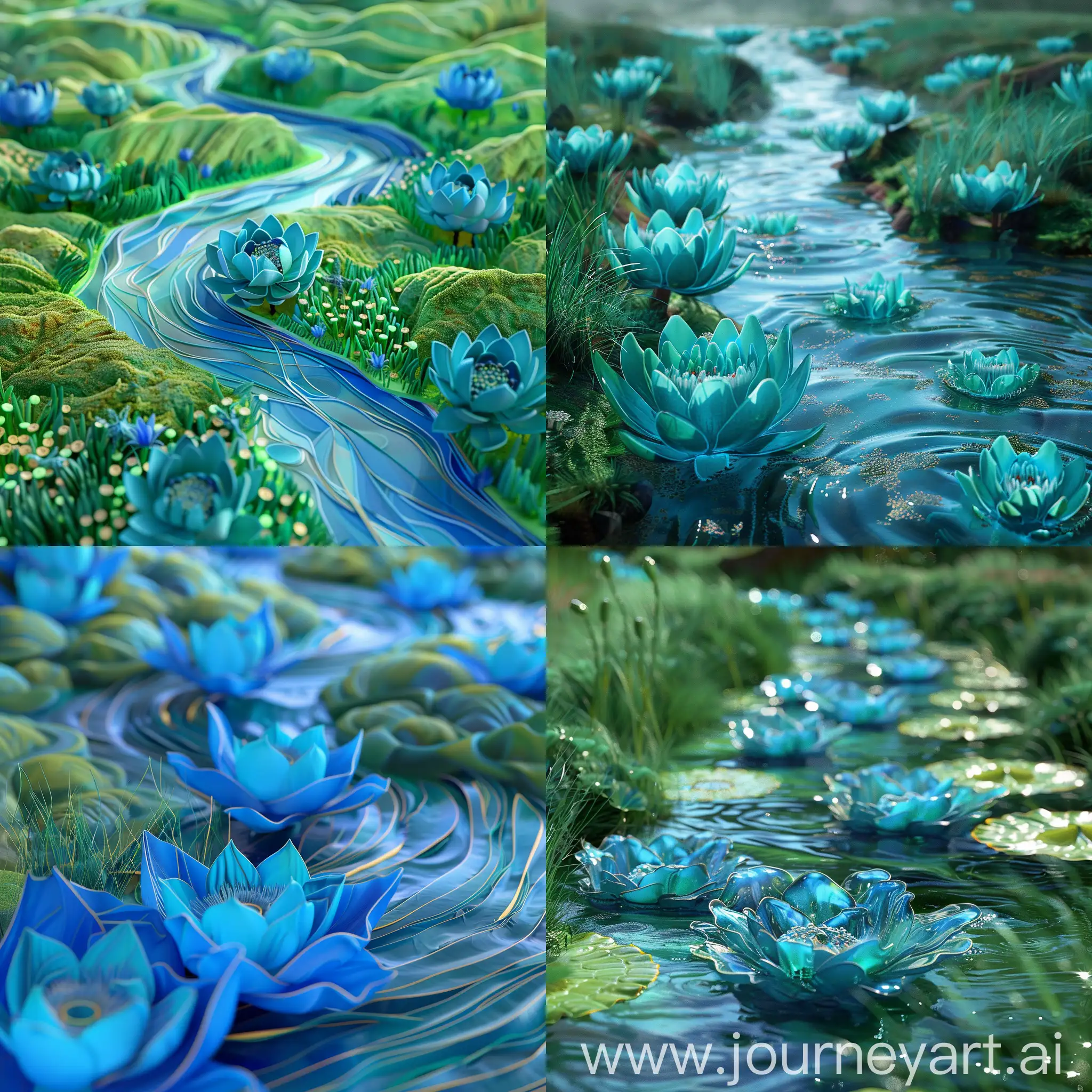 Futuristic-River-Landscape-with-Turquoise-Lotus-Flowers