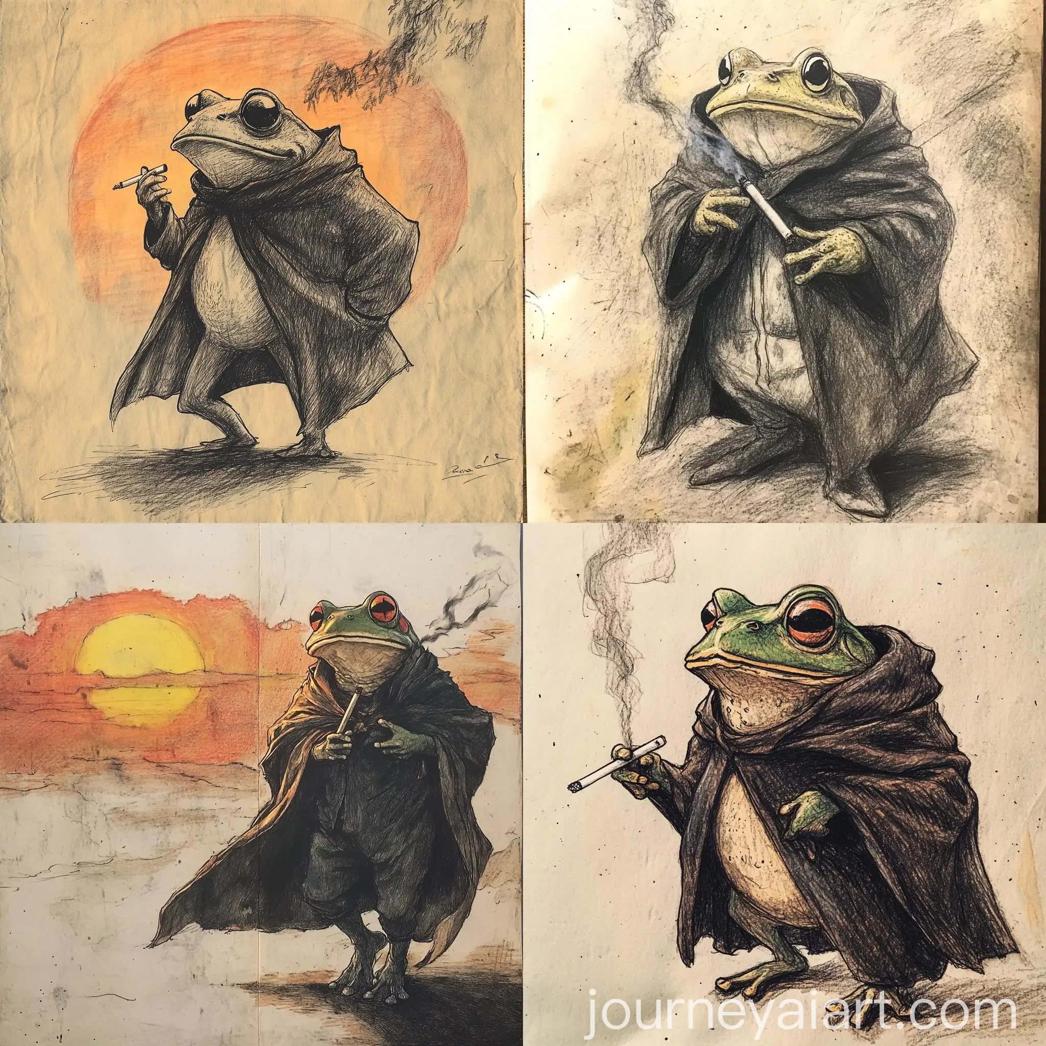 Noir-Style-Frog-in-Cloak-Walking-into-Sunset