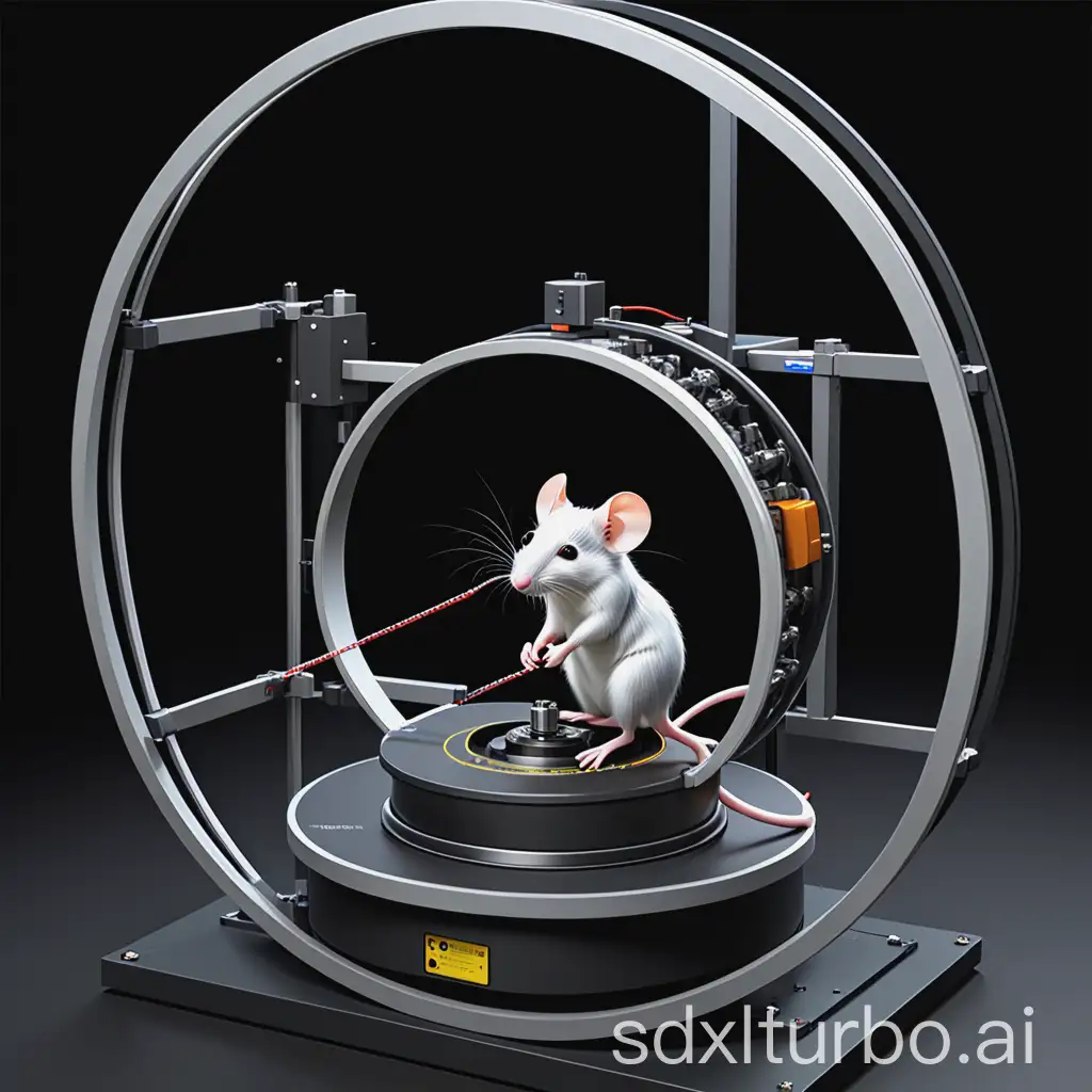 Please draw a 3D rotation ring device diagram: consisting of three interconnected and roughly equal-sized rotatable rings, capable of three-axis rotation, including a 3D rotation motion system and an operation control system. The 3D rotation movement system software consists of four modules: roller system motion information instrument display, motion information setting, motion control operation, and timing setting display. A laboratory mouse is securely placed in the inner ring bracket of the dark box. At the same time, the extended music module plays music during rotation. The driving motor controls the rotational angular velocity, acceleration, and position of the outer ring, middle ring, and inner ring; it can display animal motion status and acceleration information in real-time; and it can accurately set training duration and posture. The rotation range of the outer ring, middle ring, and inner ring is 360° for continuous rotation. The net load of the wheel is 0-3 kg, speed 0-30 rpm, and training time can be set. The movement control mode includes three-axis reset, wheel brake, start training, and end training.