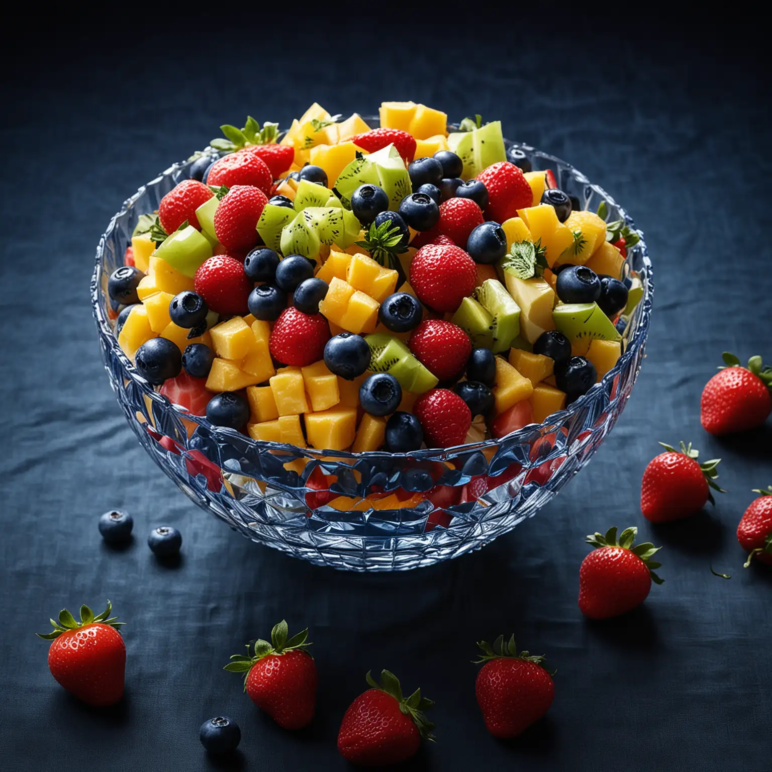 Vibrant-Fruit-Salad-in-Crystal-Bowl-on-Dark-Blue-Tablecloth