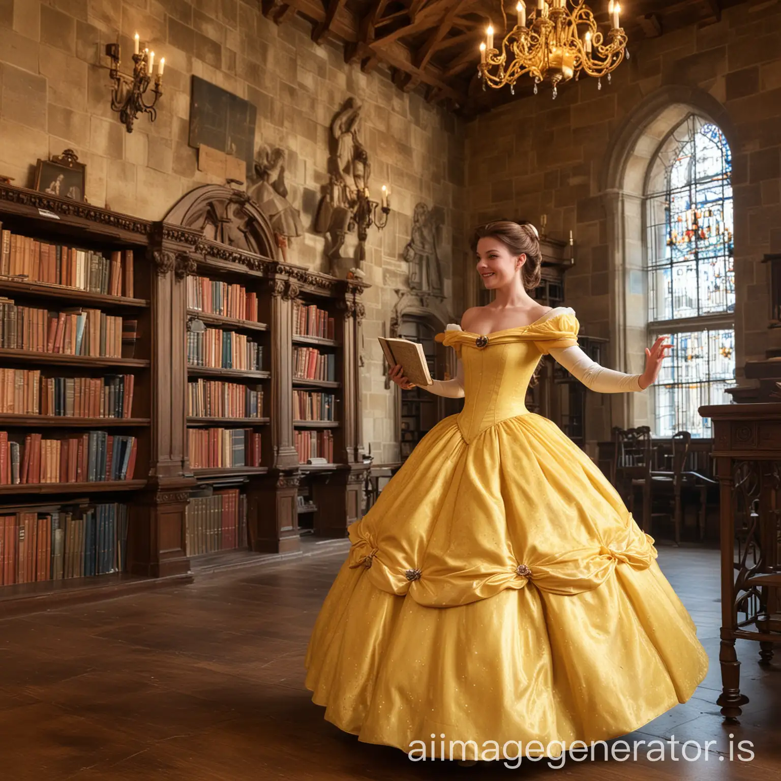 The princess Belle dances with a book in the castle library