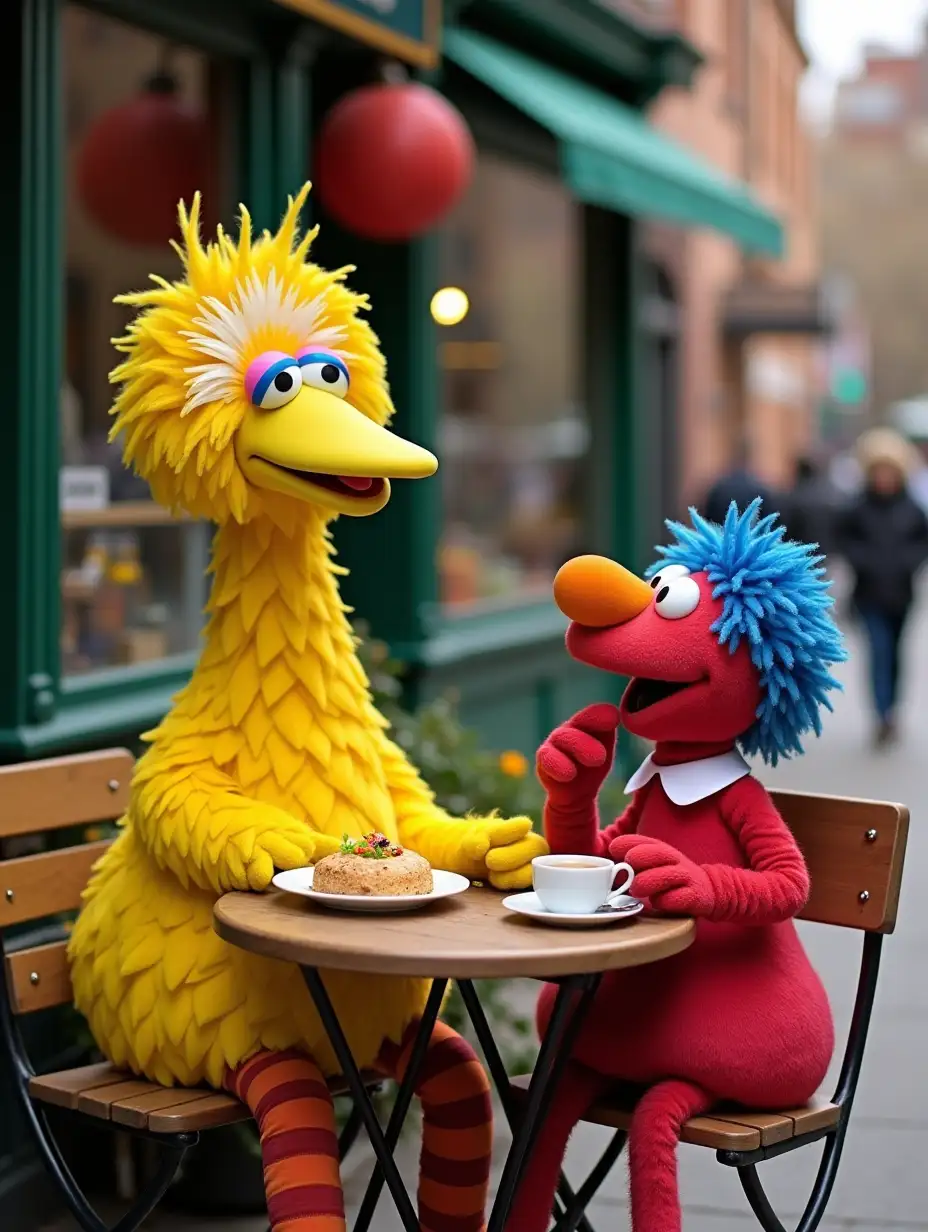 Big bird and maria from sesame Street sitting at an outdoor table at hooper's store together. Big bird is not eating or drinking anything. Maria is drinking a cup of tea.