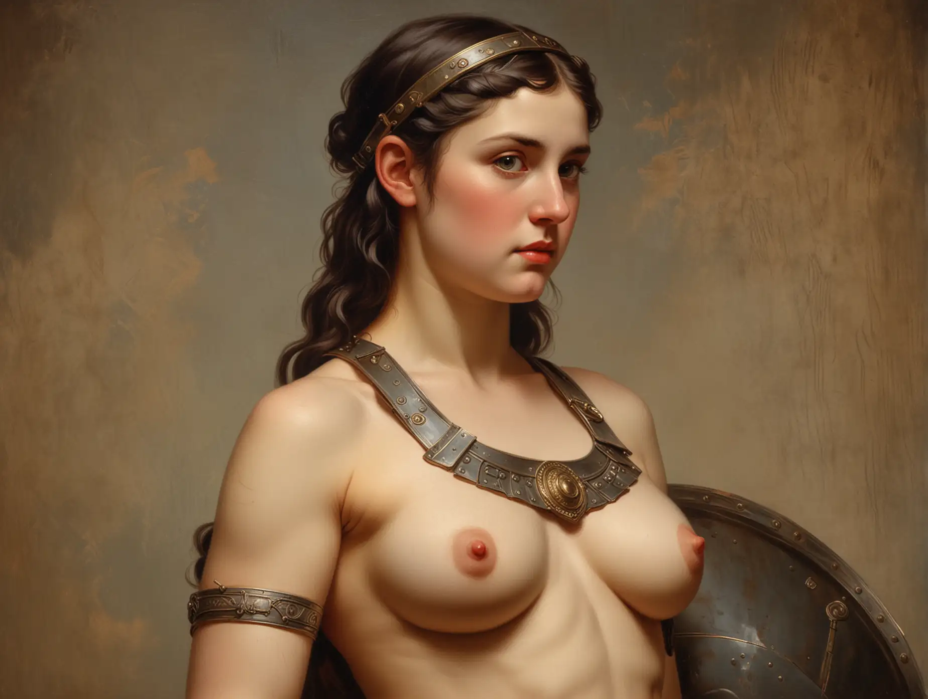 1800's portrait painting of Athena standing topless with armor.