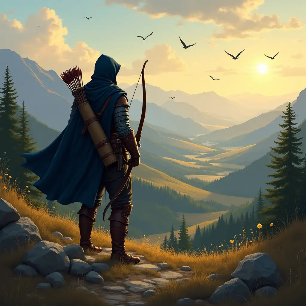 Artwork of an adventurer in a medieval fantasy world. The character stands amidst a vast, wild landscape of rolling hills, dense forests, and distant mountains. The camera is positioned far enough to capture both the adventurer and the sweeping expanse of wilderness. Birds are flying in the sky. The character wears rugged leather armor and a dark blue, flowing cape that billows in the wind. A hood is hiding the character face. We don't see the character visage since she is watching the horizon. We look from the back of the character as he look forward. The character hold a bow on his side with a clearly visible string that goes from one extremity of the bow to the other. A full cylinder quiver of arrows is secured on his back with a strap on top of the cape, clearly separated from other gear. The scene is bathed in the warm, golden light of a setting sun, casting long shadows and highlighting the sense of grandeur and adventure. Ensure the elements are distinct and do not overlap unnaturally, with all details clear and harmonious.