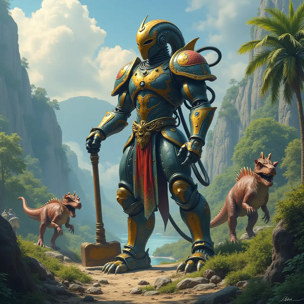 Hyperrealistic portrait of a gpanzerter metal alien king 10 meters tall with a hammer in his hand on an island with many dinosaurs that are intricately detailed and colorfully set against a backdrop of a lush forested planet