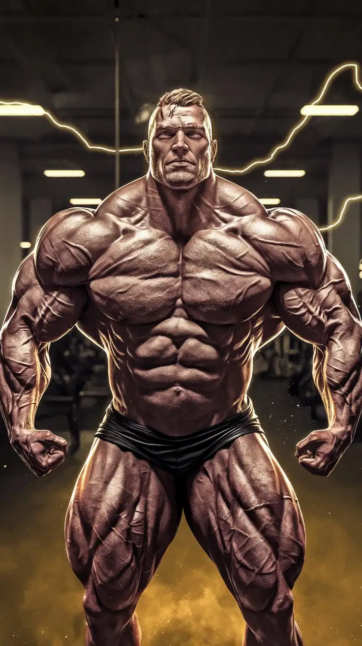 Ultra brawn. Musclegod bodybuilder. Discovering his Herculean powers for the first time. Reverent mood. Inside an empty gym at night. Golden electrical glow. 24 years old. Photorealistic.