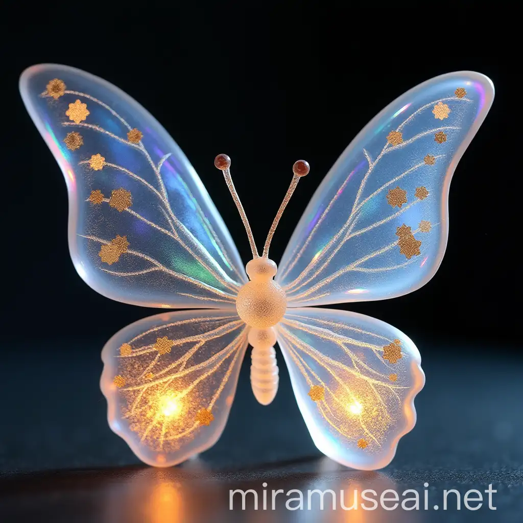 Delicate Glass Butterfly with Iridescent Glow and Golden Accents