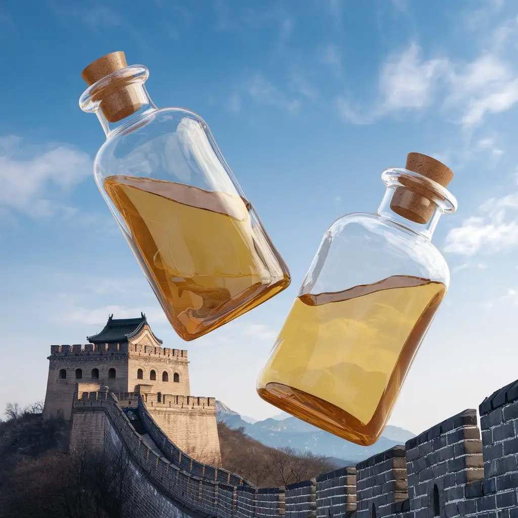 Two-Bottles-in-the-Air-Against-the-Great-Wall-of-China-3D-Art