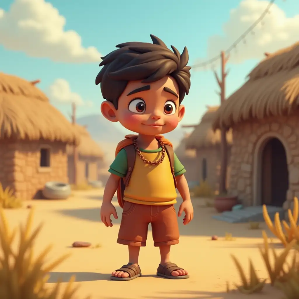 A poor Village boy in 3d cartoon