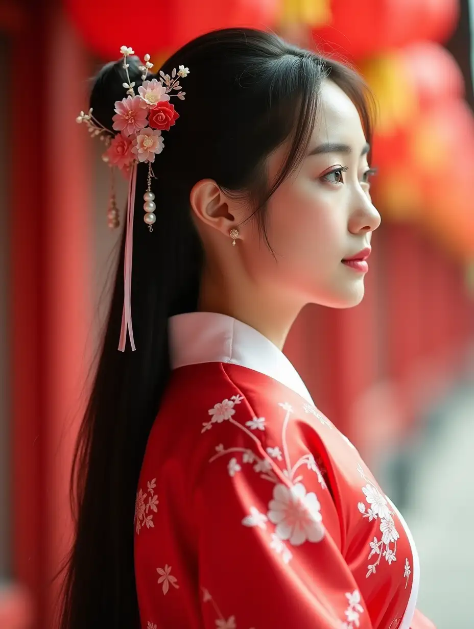 A side profile portrait of a young woman in traditional Chinese hanfu dress, photographed in a soft, dreamy style. She wears a bright red silk hanfu with white floral embroidery details. Her long dark hair is adorned with delicate pink and white fabric flowers, pearls, and trailing white ribbons in a traditional hair ornament. The background features blurred red Chinese lanterns creating a bokeh effect. The lighting is soft and natural, emphasizing her elegant profile and the glossy texture of the silk garment. The color palette focuses on red, pink, and white tones. Shot with shallow depth of field, creating a cinematic portrait effect.