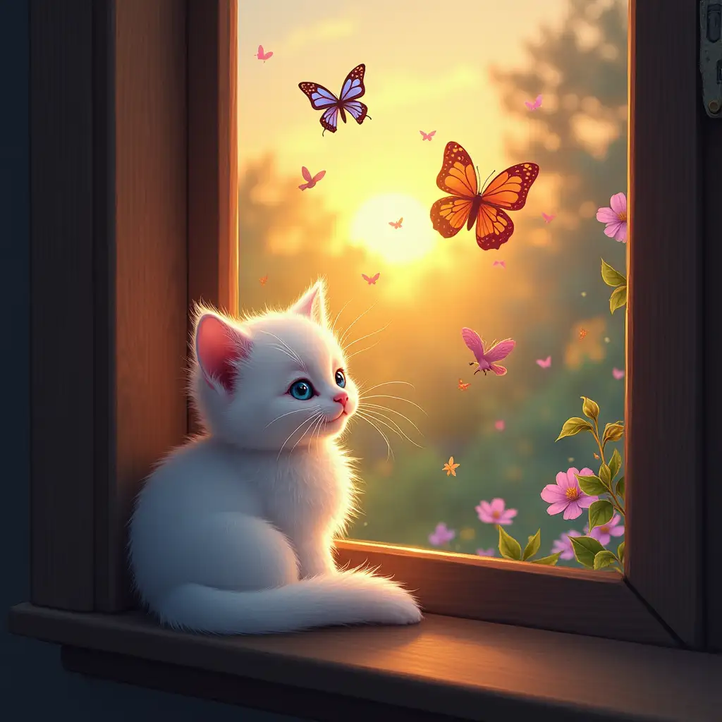 In the corner, a small white kitten with eyes like polished sapphires nestles by her side, purring contentedly as it gazes at the fluttering butterflies and birds outside the window. The windowpane is a canvas of dancing shadows and rainbow hues, as the sun's last golden rays paint the world in a warm, ethereal glow.