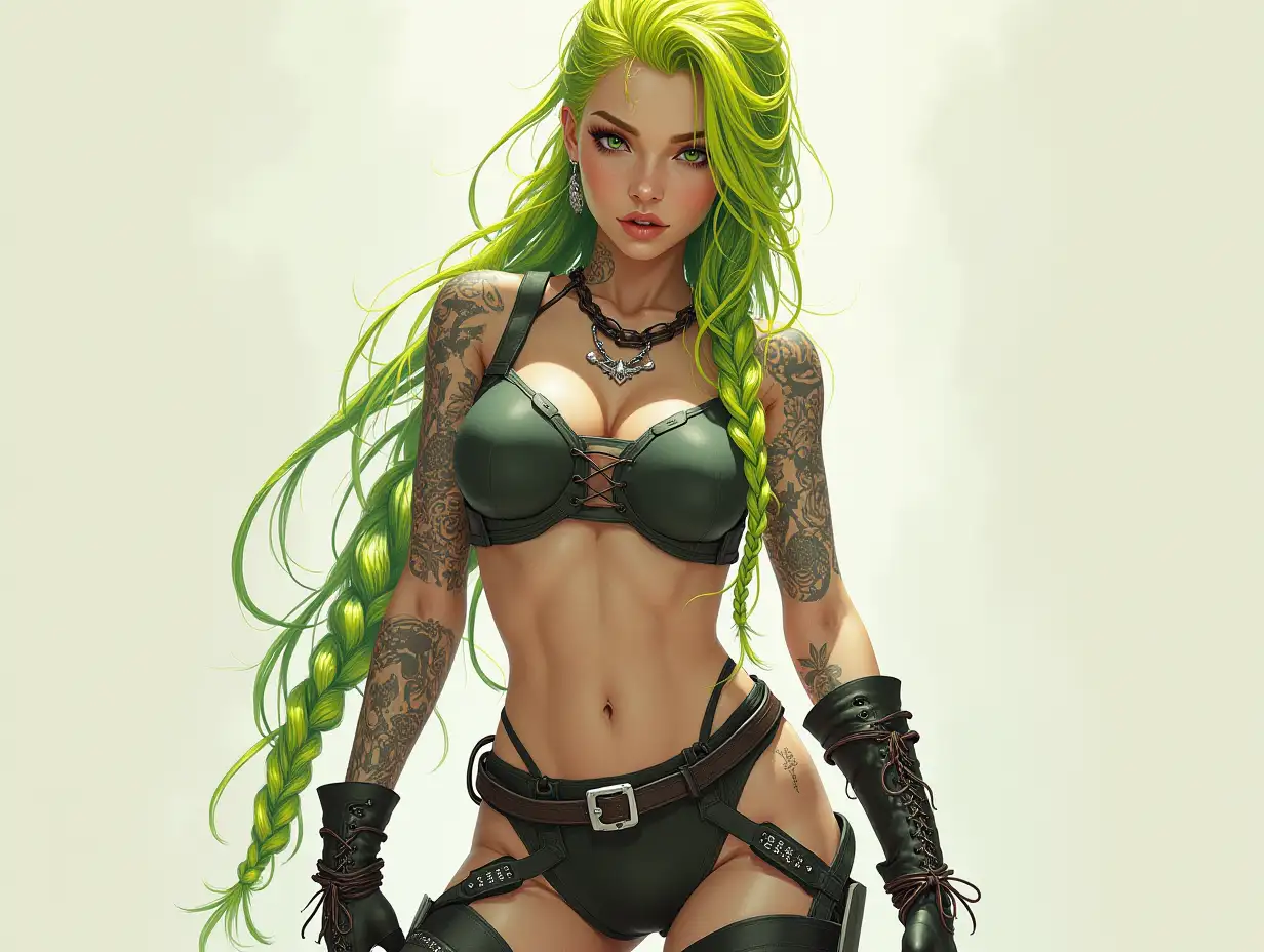 Depiction of a beautiful white woman with tattoo, long mixed green-yellow braided hair in a futuristic style and laced boots