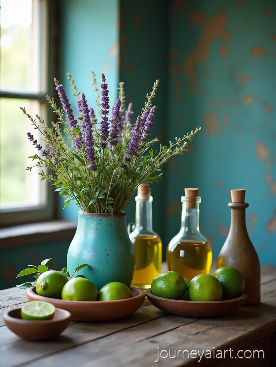 Rustic-Tabletop-with-WildflowersRustic-tabletop-scene-Olive-Oil-Bottles-and-Fresh-Limes