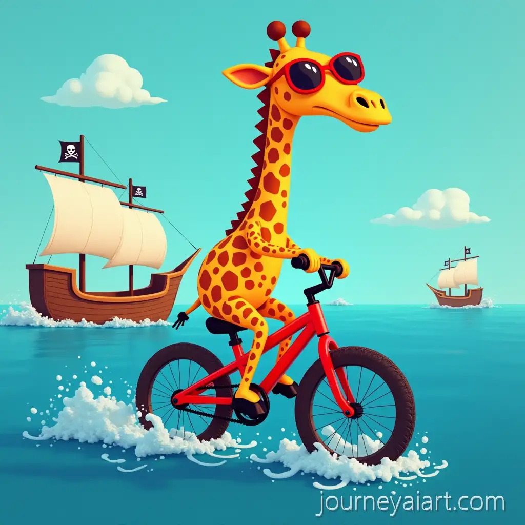 Giraffe-Riding-a-Red-Bike-in-the-Blue-Ocean-with-Pirate-Ships