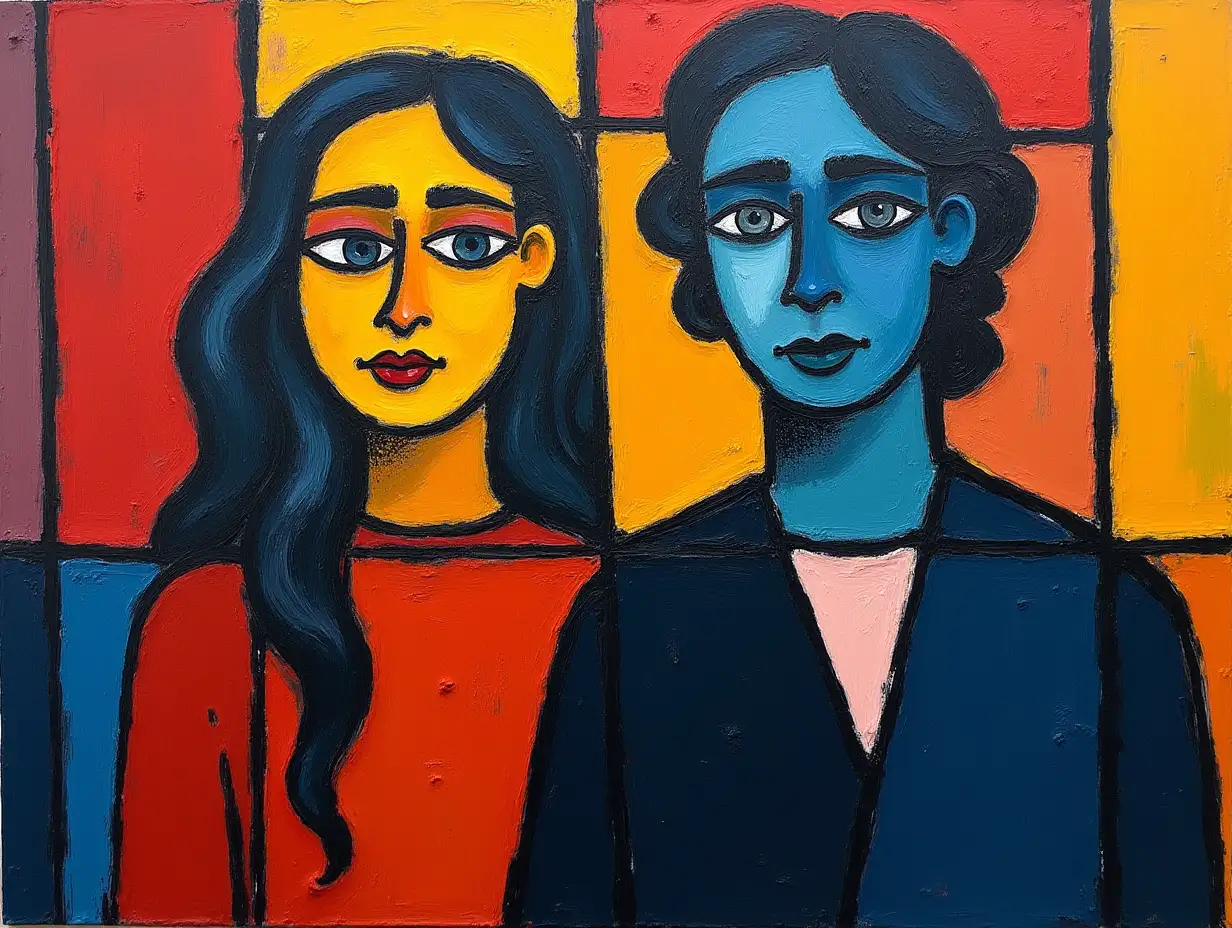 A painting in a grid, two people in the style of Kandinsky, Malevich, minimalism, simplify for a beginner artist with many acrylic colors, constructivism abstract expressionism, dark and gloomy.