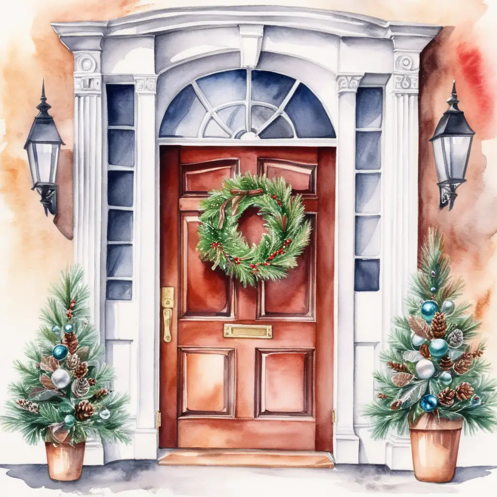 Elegant Christmas Door Decorated with a Festive Wreath in Watercolor