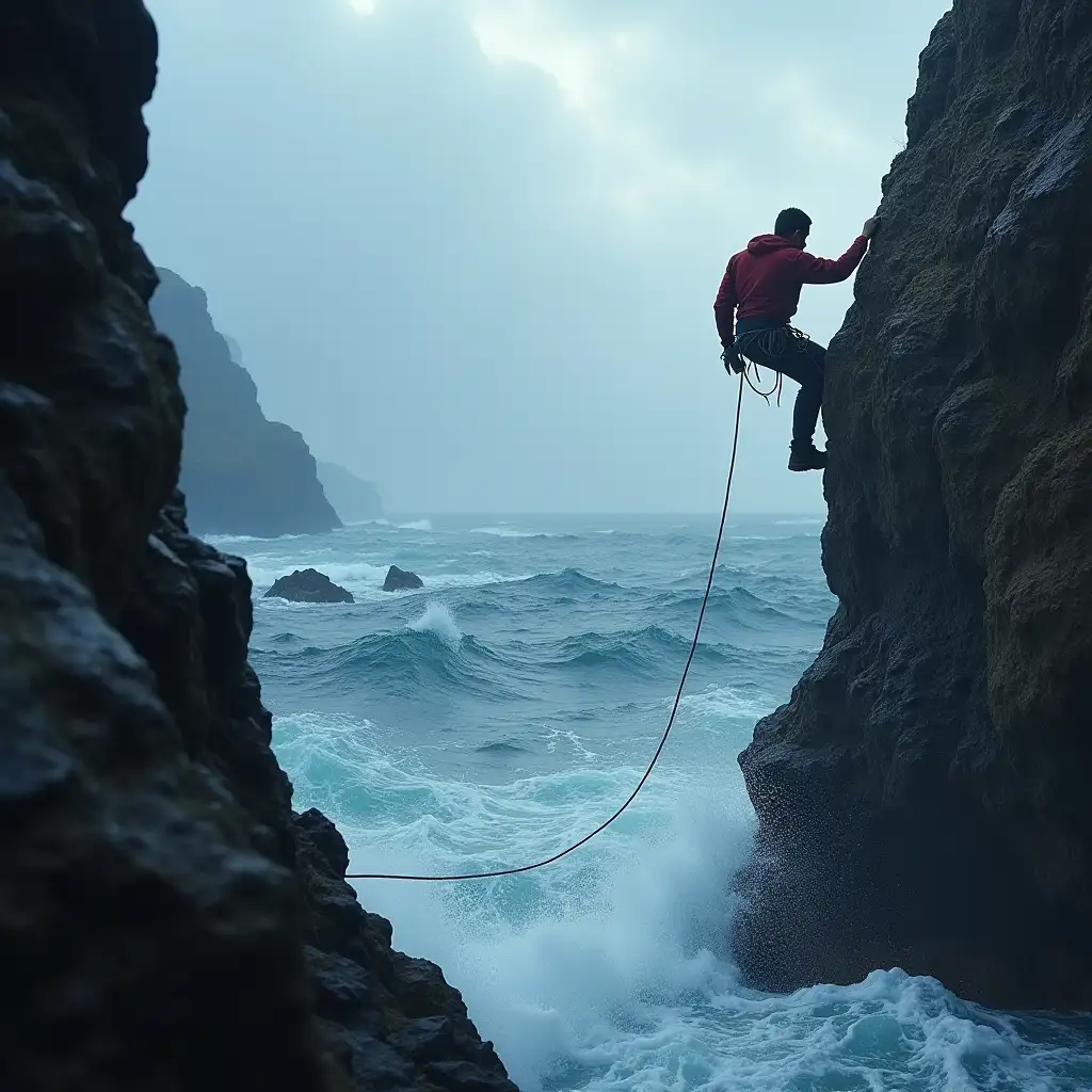 a climber in the foreground climbing a cliff with the stormy sea in the background