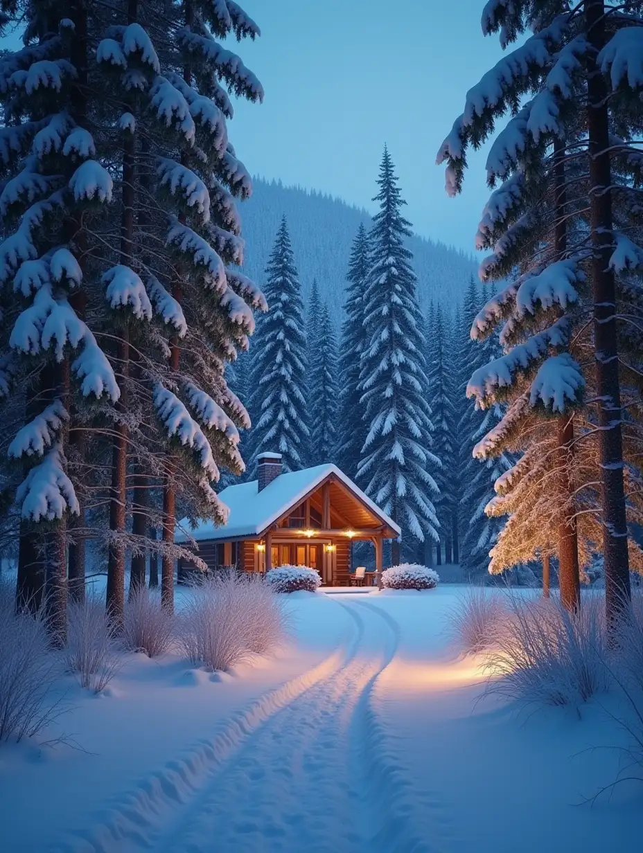 Serene Winter Forest with Twinkling Christmas Lights and Cozy Cabin