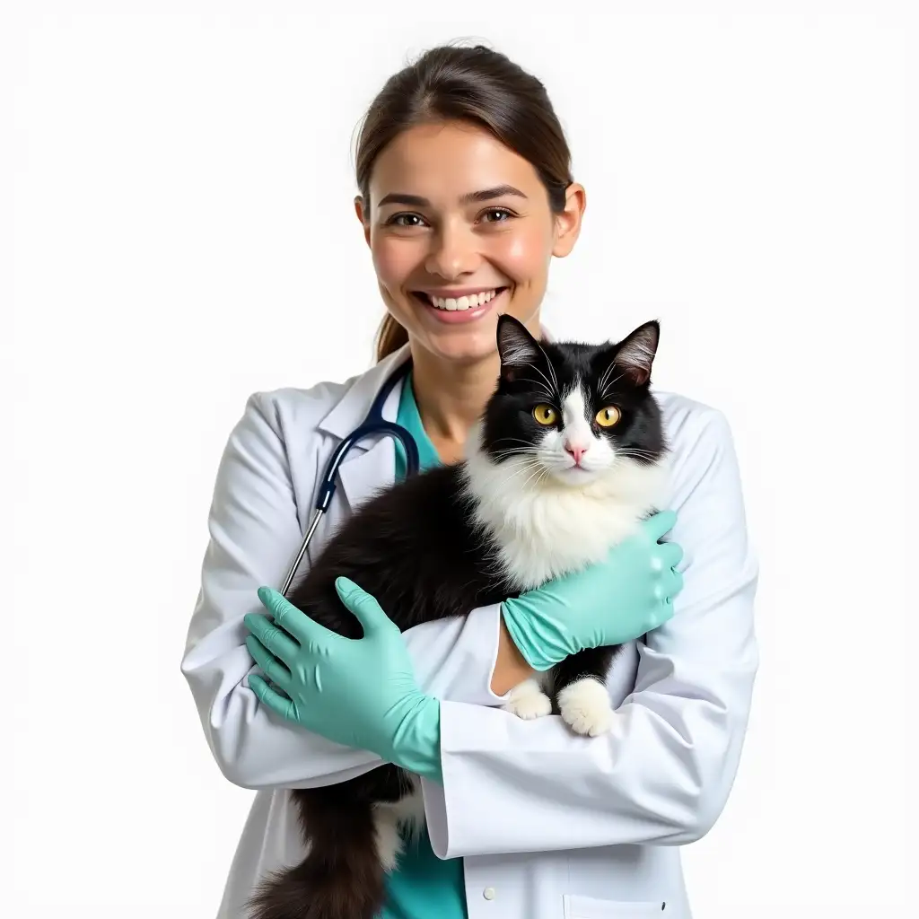 woman doctor holding a black and white cat, hyperrealistic, studio shot, vibrant, cheerful, caucasian female veterinarian, arms crossed, soft light, holding a fluffy black and white cat, wearing a white lab coat, light teal colored gloves, stethoscope around neck, smiling professionally, bright, cheerful white background, accurate anatomy, focused on the faces and body language of both subject, medium shot, detailed fur texture on the cat.